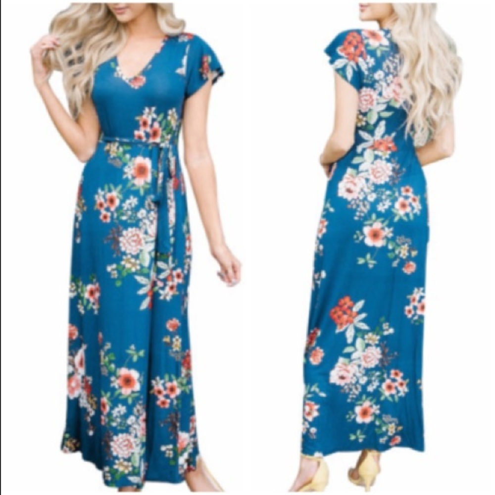 Boho Floral Maxi Dress - Royal Blue